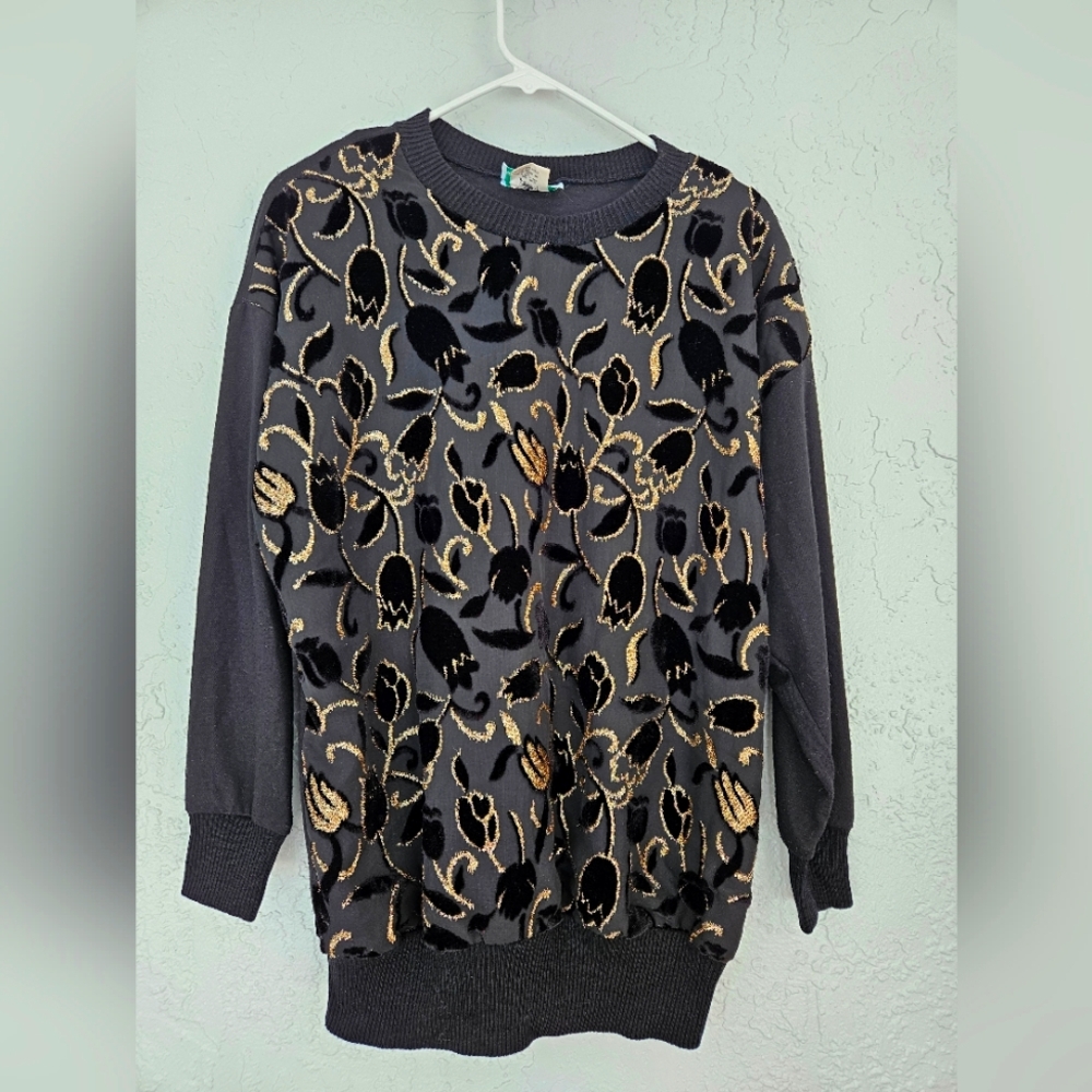 Vtg Sprouts Floral Velvet Gold Metallic Womens M Sweater USA